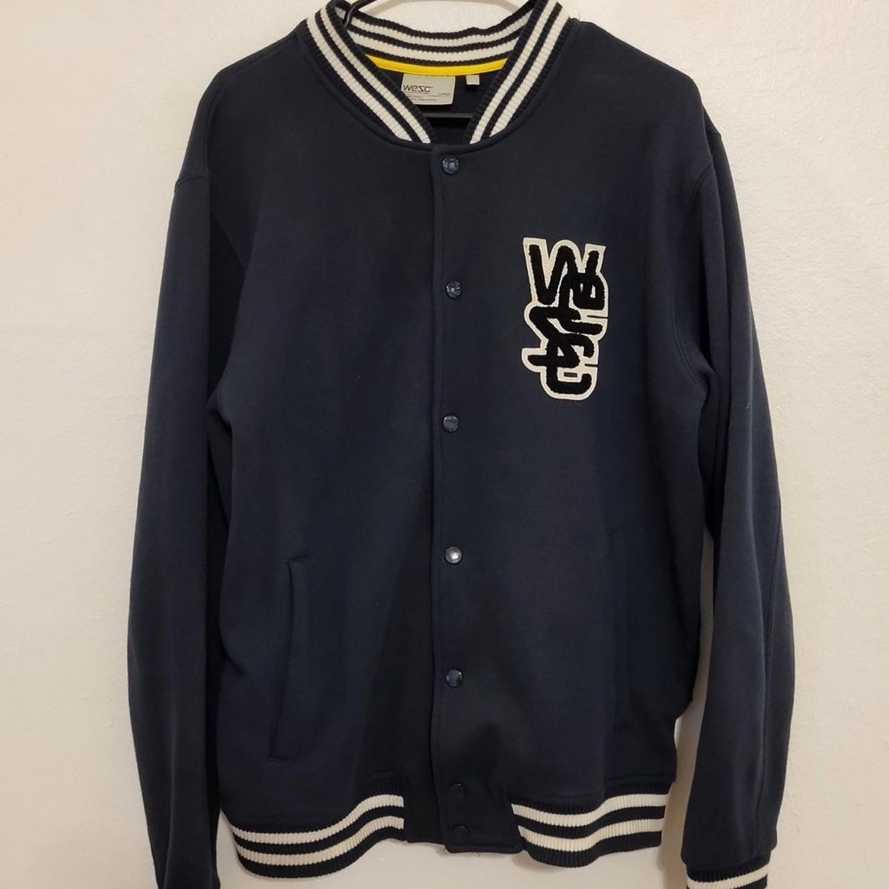 Wesc Blue Bomber Varsity Jacket with Striped Ribbed Trim